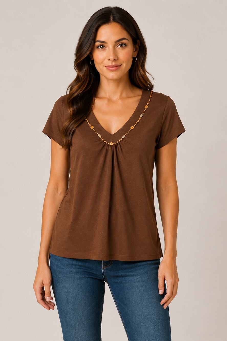 Kiara Brown V-Neck Top with Wooden Bead Embellishments | Casual | Size Small